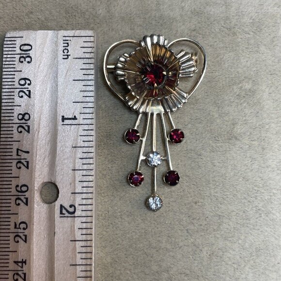 Beautiful Gold Tone Brooch With Red And Clear Rhinestones. Vintage - Picture 7 of 7